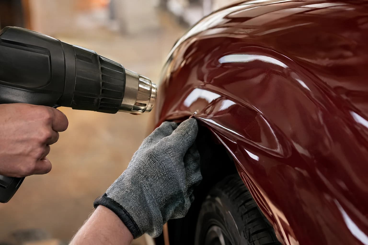 Close view of automotive film edge work