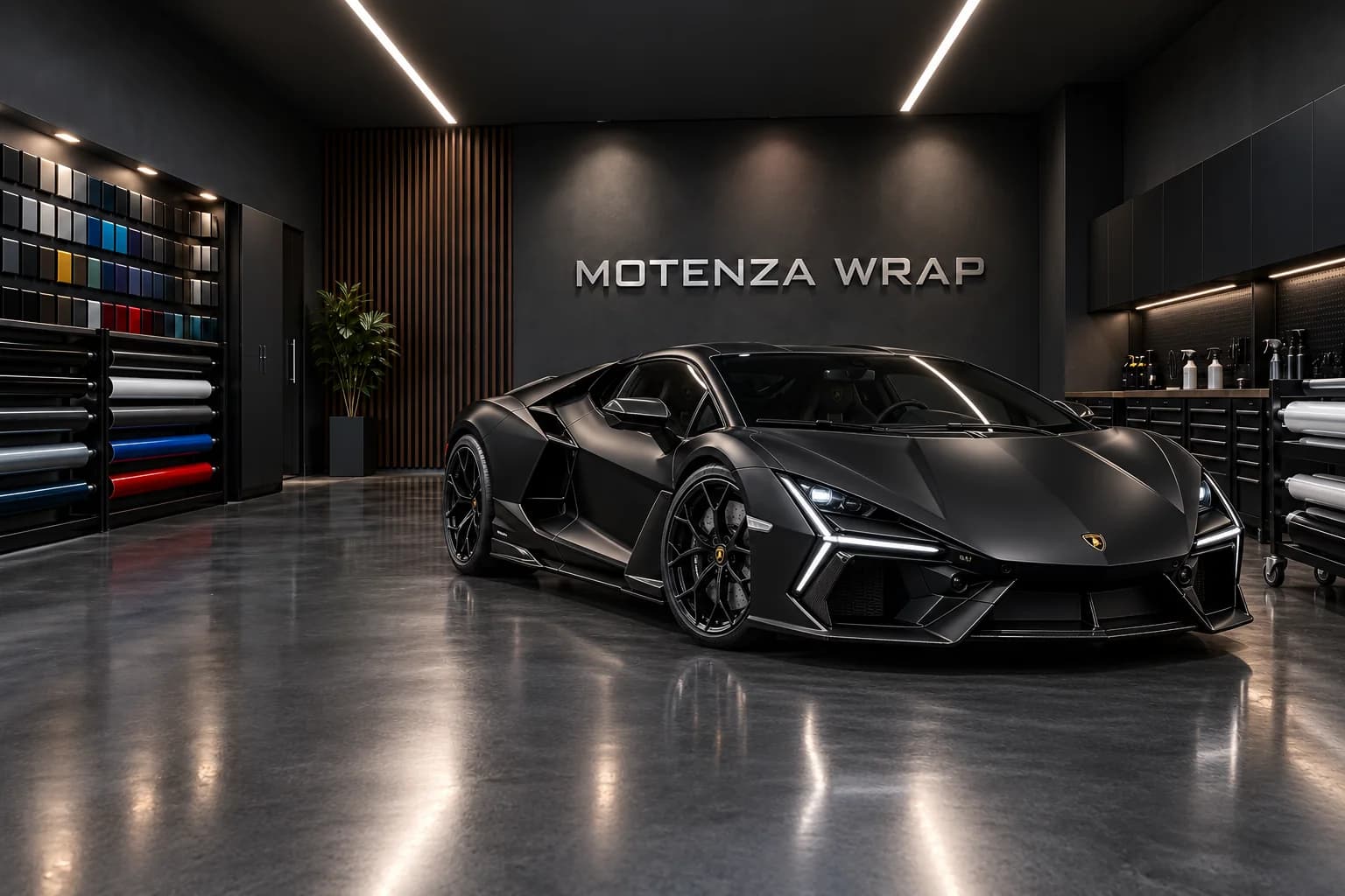 Satin-black Lamborghini Revuelto finish concept in a MOTENZA WRAP design scene